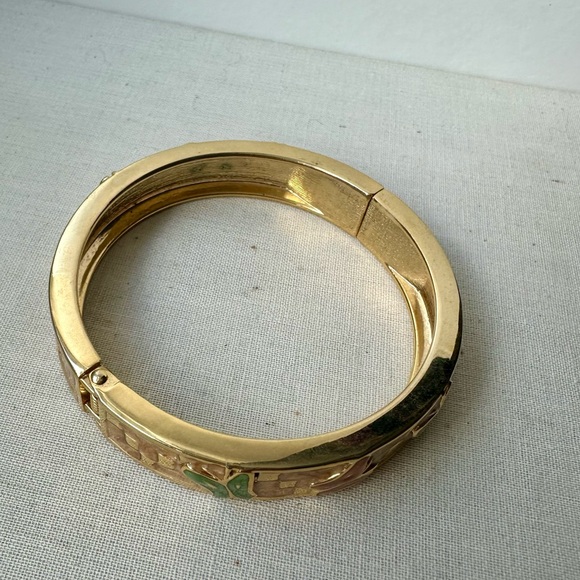 Butterfly Enamel Cloisonné Abstract Gold-Tone Hinge Bangle Cuff Bracelet - Picture 5 of 7